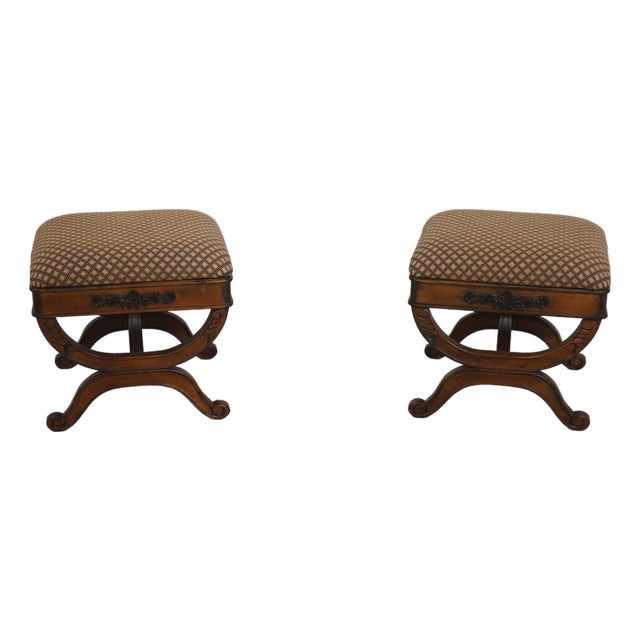 Pair of Regency Walnut Finish X Base Benches Foot Stools For Sale