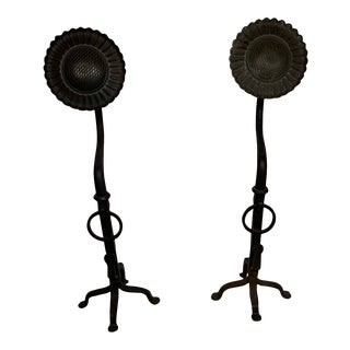 20th Century Sunflower Black Wrought Oversized Iron Hand Forged Andirons - A Pair For Sale