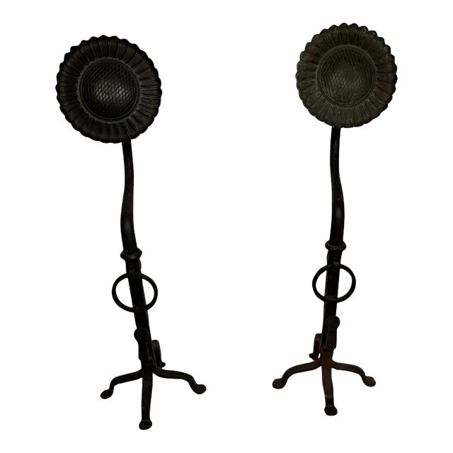 20th Century Sunflower Black Wrought Oversized Iron Hand Forged Andirons - A Pair For Sale