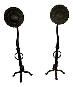 20th Century Sunflower Black Wrought Oversized Iron Hand Forged Andirons - A Pair