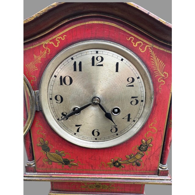 Antique 1920s English Chinoiserie Grandmother Clock Red Lacquer 50.5” Longcase For Sale - Image 10 of 12