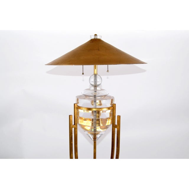 1950s Art Deco Style Brass, Metal and Stacked Lucite Module Floor Lamp Golden Shade For Sale - Image 5 of 13