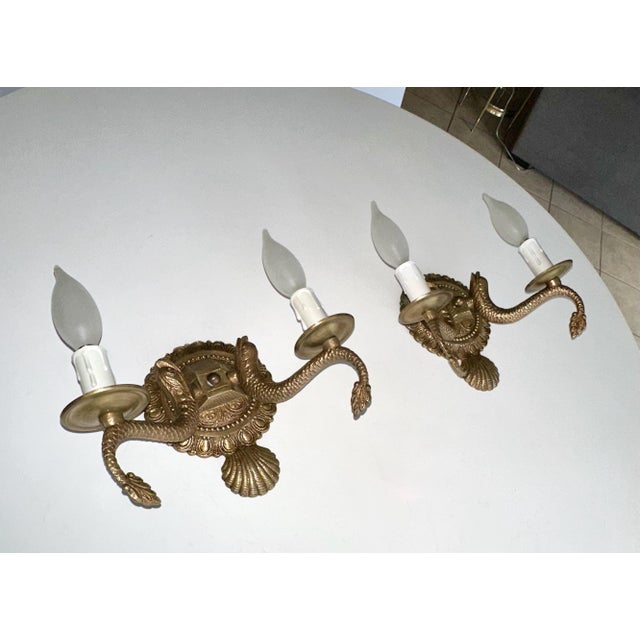 Traditional Pair Neoclassic Dolphin Shell Brass Wall Sconces For Sale - Image 3 of 14