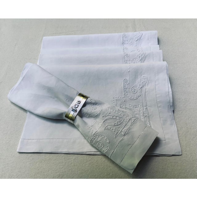1950s Antique French Linen Napkins, Set of 5, Hemstitched Ladderwork Embroidery, Circa 1900 For Sale - Image 5 of 15