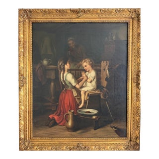 Large Antique European Oil Painting 19th Century Interior Genre Scene Children For Sale
