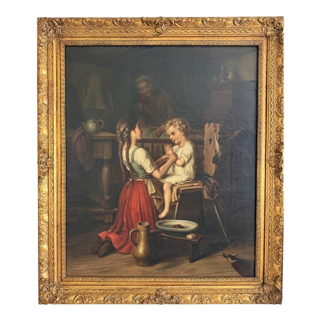 Large Antique European Oil Painting 19th Century Interior Genre Scene Children For Sale