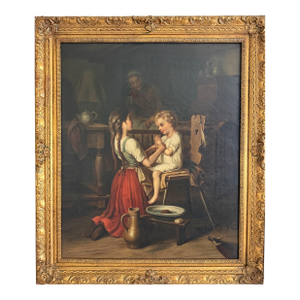 Large Antique European Oil Painting 19th Century Interior Genre Scene Children
