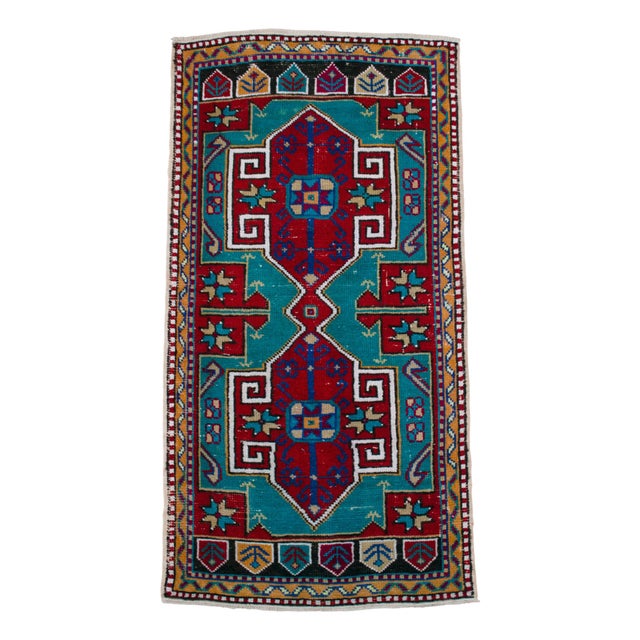 1960s Vintage Small Turkish Rug Turquoise Kitchen Bathtoom Entry Decor 2x4 Ft Approx For Sale - Image 4 of 13