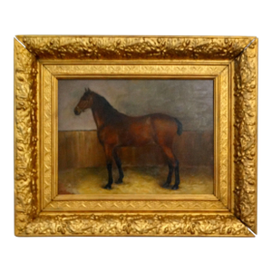 19th- Century Equestrian Portrait Chestnut Horse Oil Painting