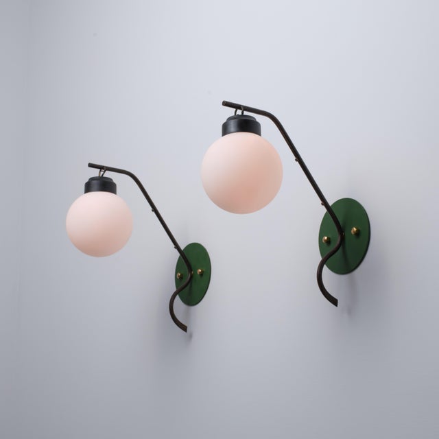 Black Italian Brass Wall Sconces with Opaline Globe Shades, 1950s, Set of 2 For Sale - Image 8 of 12