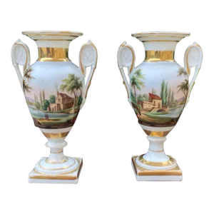 Early 19th Century French Vieux Paris Hand-Painted Porcelain Vases- a Pair