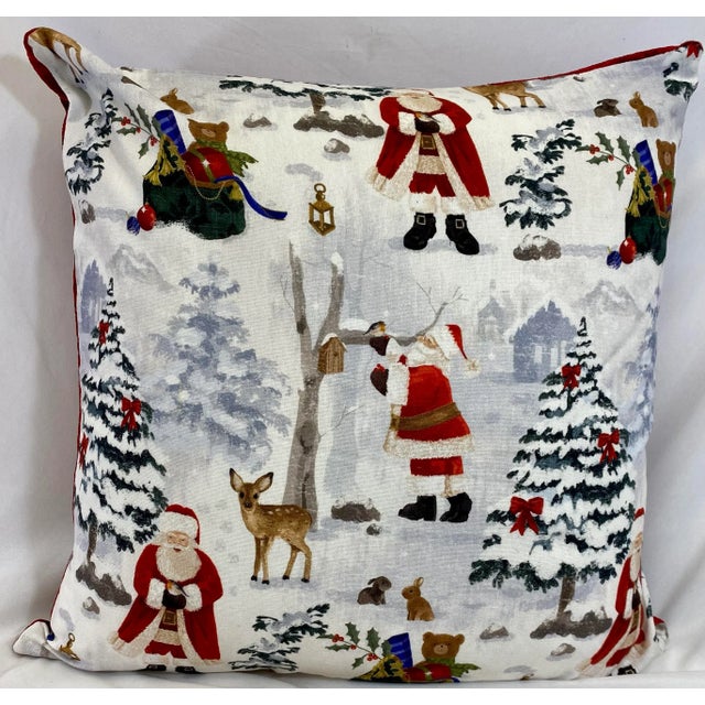 Festive 20” Square Santa Themed Christmas Pillow With Red Velour-Like Back - Made in U K For Sale - Image 10 of 10