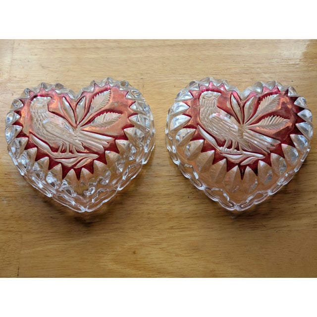 Vintage Hofbauer Byrdes Ruby Cut-to-Clear Crystal Heart Boxes - Pair For Sale - Image 4 of 15