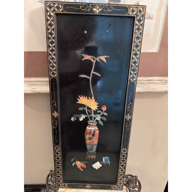 Vintage Chinese Black Lacquer Wall Panels – Set of 3 (24" X 10")Featuring Hand-Carved Jade & Soapstone Inlay For Sale - Image 9 of 11