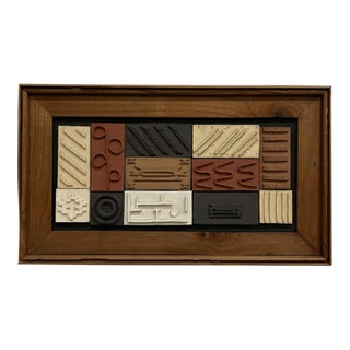 1980s Modern Pottery Tile Wall Art, Framed Wood, Geometric Design For Sale