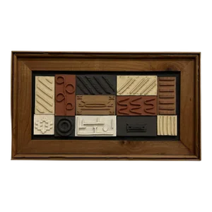 1980s Modern Pottery Tile Wall Art, Framed Wood, Geometric Design