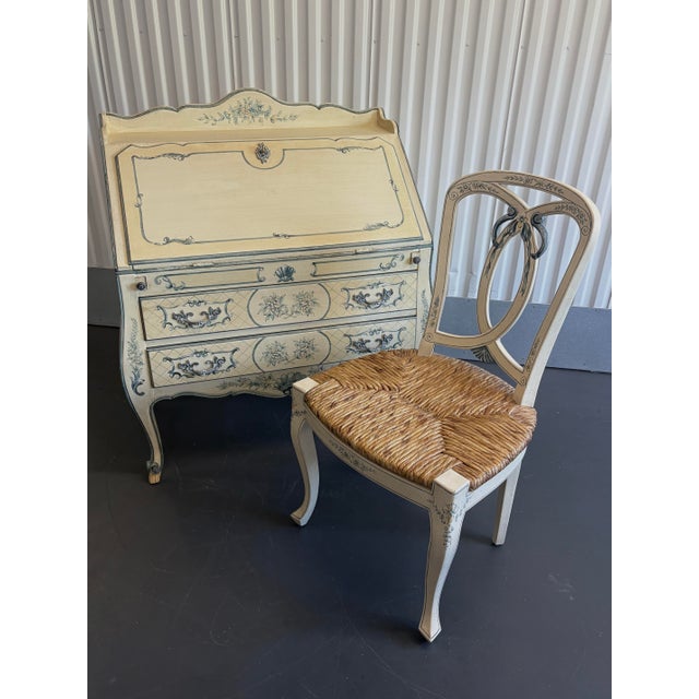 Eggshell Vintage La Barge Hand Painted Blue and White French Secretary Desk and Chair For Sale - Image 8 of 11