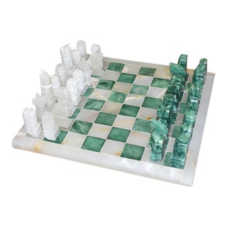 Large Carved Green Stone Malachite Onyx and Marble Chess Set For Sale