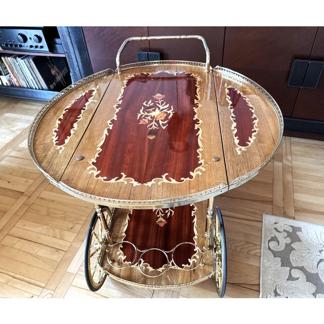 Vintage Brass and Marquetry Bar Cart, Italian Style Drinks Trolley with Folding Leaves, 1960s, 1970s For Sale - Image 6 of 18