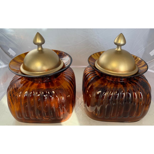 Vintage Fluted Amber Tortoise Pattern Glass And Pewter Lid Canister Jars A Pair Chairish