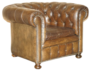 Vintage Hand Dyed Brown Leather Chesterfield Club Armchair Walnut, 1950s