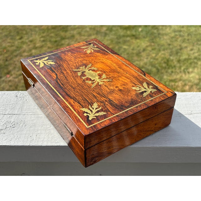 Mid 19th Century 19th C. English Walnut Box With Brass Inlay and Fine Paper Lining For Sale - Image 5 of 10