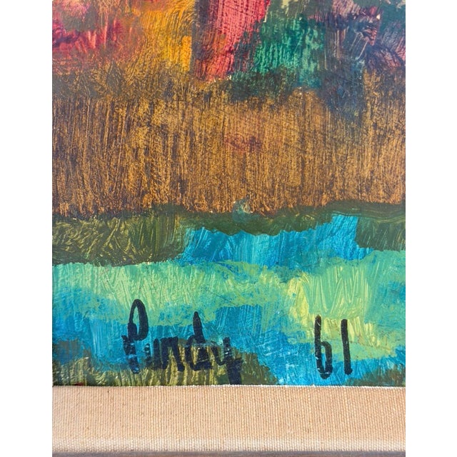Wood 1961 American Donal Purdy Modernist Composition of a Female Figure in a Vibrant Garden Setting Frame Oil Art on Masonite. For Sale - Image 7 of 10