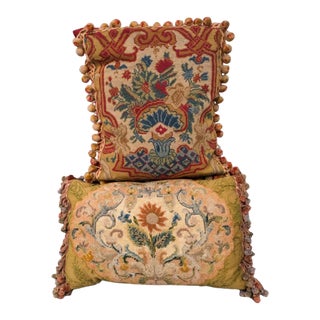 Pair of Vintage Decorative Needlepoint Historic Fabric Tapestry Pillows, London For Sale
