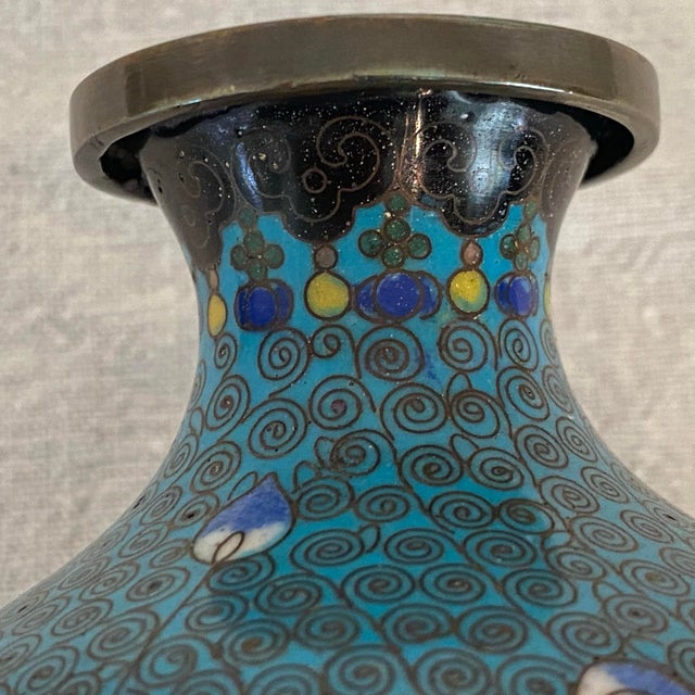 Antique Intricate Scroll and Floral Design Chinese Cloisonné Turquoise Vase For Sale - Image 11 of 12