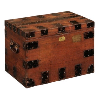 English Oak Trunk with Metal Accents and Lateral Handles, Late 19th Century For Sale