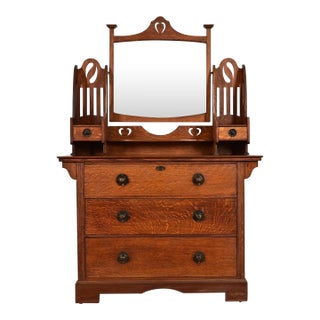 Liberty & Co. Antique English Mission Oak Arts & Crafts Vanity Dresser With Mirror, Circa 1900 For Sale