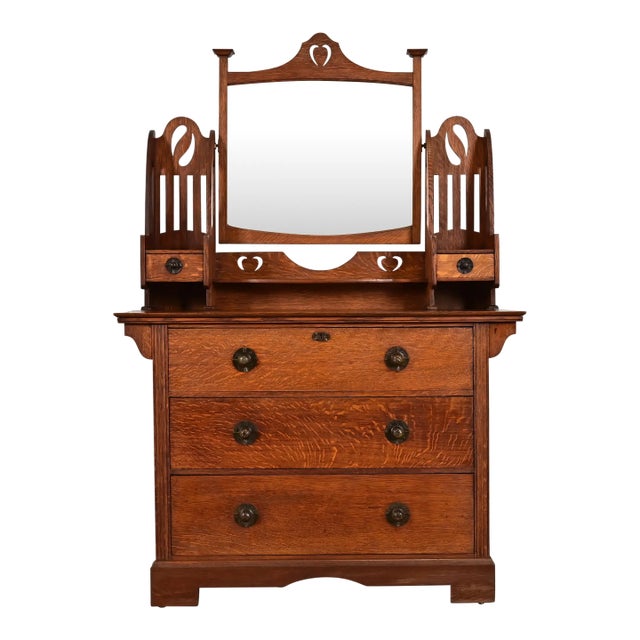 Liberty & Co. Antique English Mission Oak Arts & Crafts Vanity Dresser With Mirror, Circa 1900 For Sale