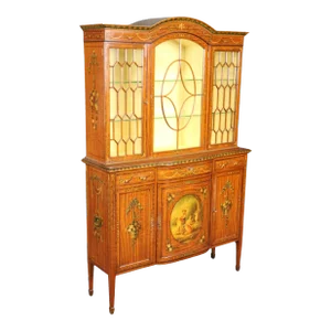 Satinwood Vernis Martin Paint Decorated Adams Style Vitrine China Cabinet