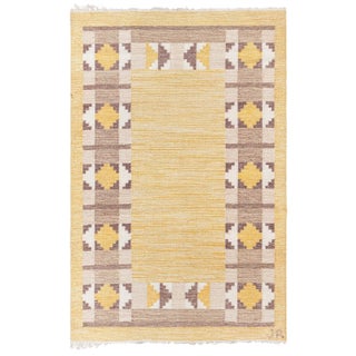Doris Leslie Blau Mid-Century Scandinavian Tan Flatweave Rug Signed Initial (Jr) For Sale