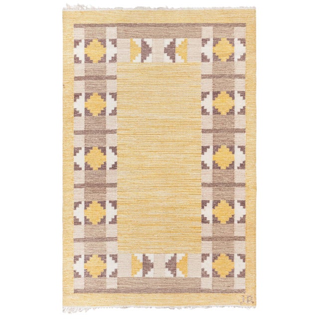 Doris Leslie Blau Mid-Century Scandinavian Tan Flatweave Rug Signed Initial (Jr) For Sale