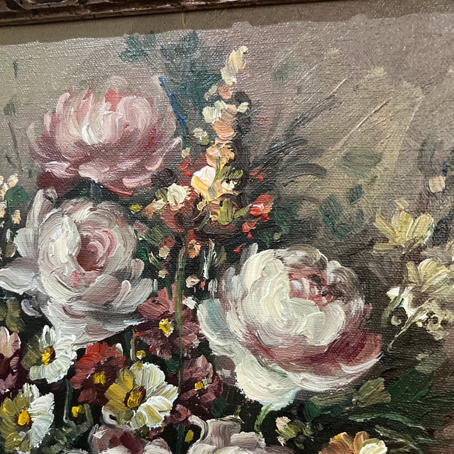 Oil on Canvas American School Floral Still Life Framed Signed Made in 1950 For Sale In Washington DC - Image 6 of 12