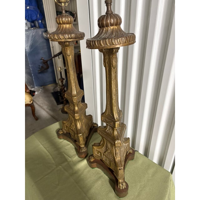 Pair of Brass Prickets Adapted as Lamps on Wood Bases, Late 19th Century For Sale In Savannah - Image 6 of 6
