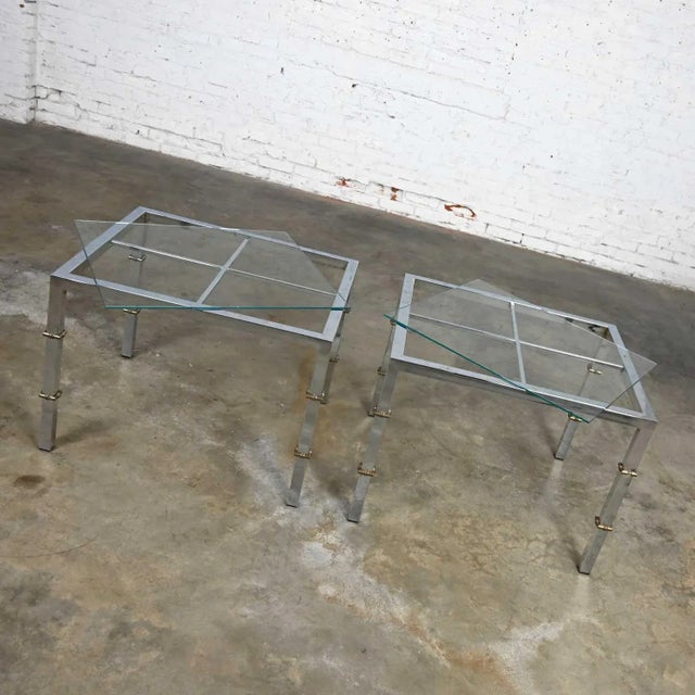 Hollywood Regency Chrome & Glass Square End Tables Brass Details a Pair Style of Maison Jansen For Sale - Image 6 of 16