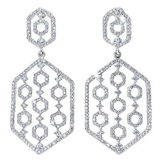 Mid 20th Century 14k White Gold Diamond Designer Drop Earrings, Pair For Sale