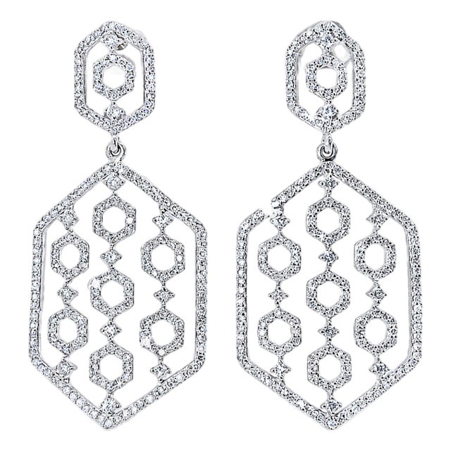 Mid 20th Century 14k White Gold Diamond Designer Drop Earrings, Pair For Sale
