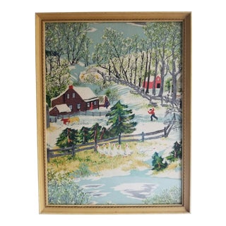 1950s Framed Barkcloth of Grandma's Moses "Springtime on the Farm" For Sale