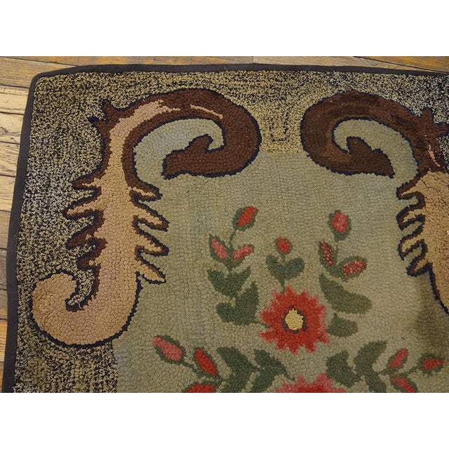 1890s Tan Ecru Floral Folk Art Antique American Hooked Rug 3'0" X 4'0" Handknotted Wool Carpet For Sale - Image 4 of 6