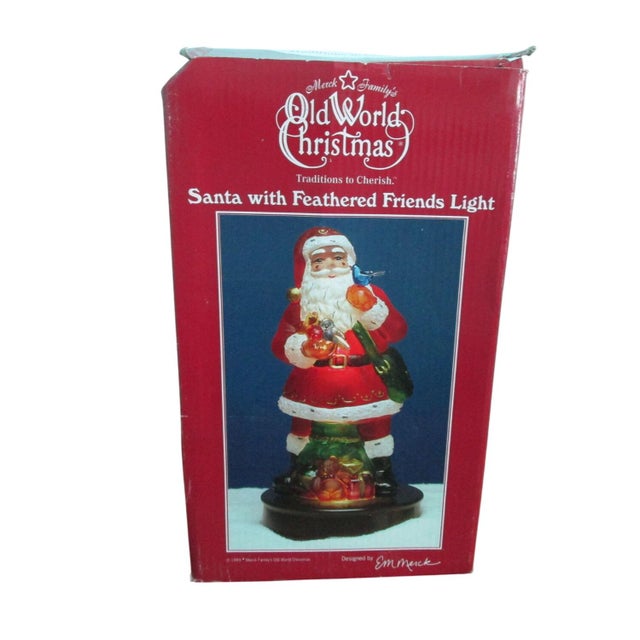 Shabby Chic Vintage Old World Christmas Santa With Feathered Friends Lamp 1999 Retired Works For Sale - Image 3 of 8