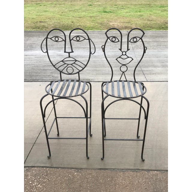 Metal John Risley Style Wrought Iron Bar Stools- A Pair For Sale - Image 7 of 9