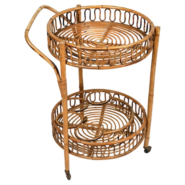 Mid-Century Round Serving Bar Cart in Bamboo and Rattan, Italy, 1960s For Sale