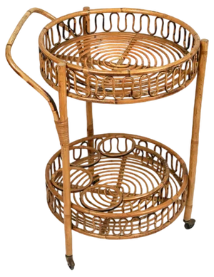 Mid-Century Round Serving Bar Cart in Bamboo and Rattan, Italy, 1960s