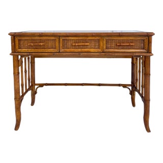 American of Martinsville Faux Bamboo and Wicker Console Writing Desk For Sale