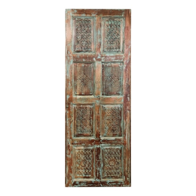 Antique Blue Carved Reclaimed Wood Barn Door – Vintage Architectural Accent 96x36 For Sale
