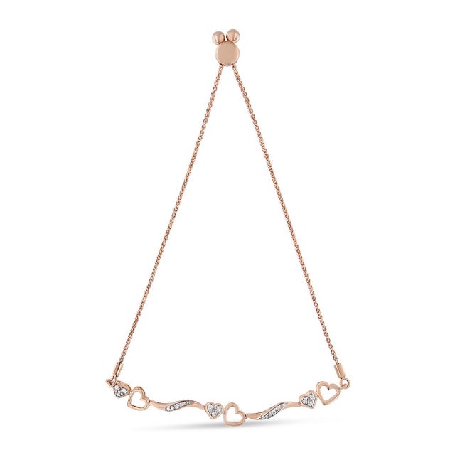 Early 21st Century 14K Rose Gold Plated .925 Sterling Silver 1/10 Cttw Diamond Wave and Hearts Adjustable Bolo Bracelet (I-J Color, I3 Clarity) For Sale - Image 5 of 6