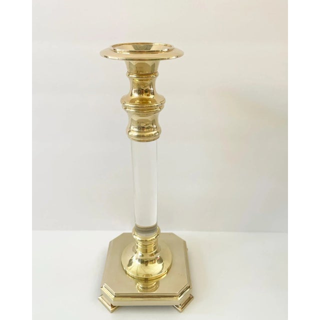 Mid 20th Century Fabulous Extra Large Lucite and Polished Brass Candlestick Holders on Footed Base For Sale - Image 5 of 11